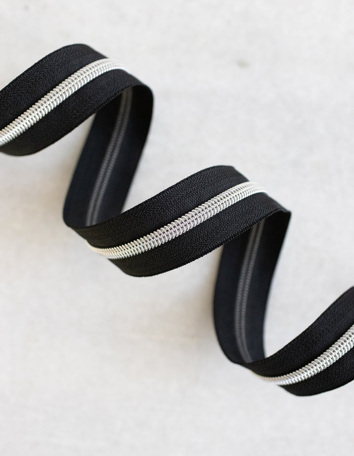 Black - #5 Silver Nylon Zipper Tape - Black - #5 Silver Nylon Zipper Tape 