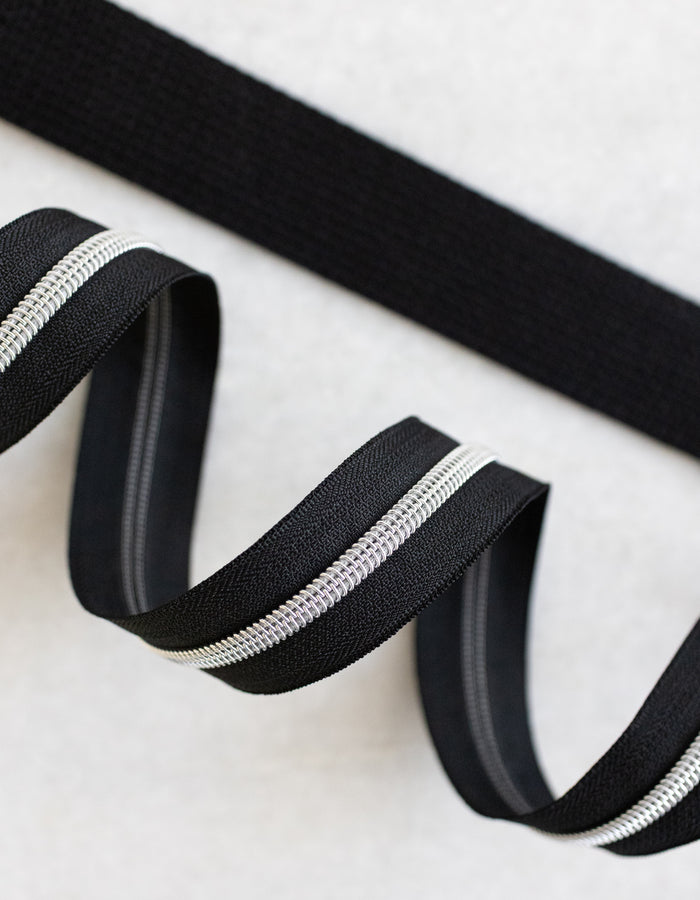 Black - #5 Silver Nylon Zipper Tape - Black - #5 Silver Nylon Zipper Tape